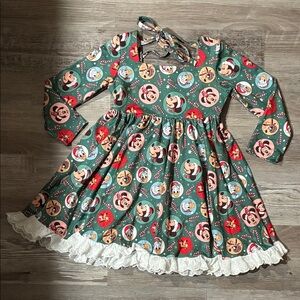 Green Long Sleeve Cartoon Dress with Lace Trim